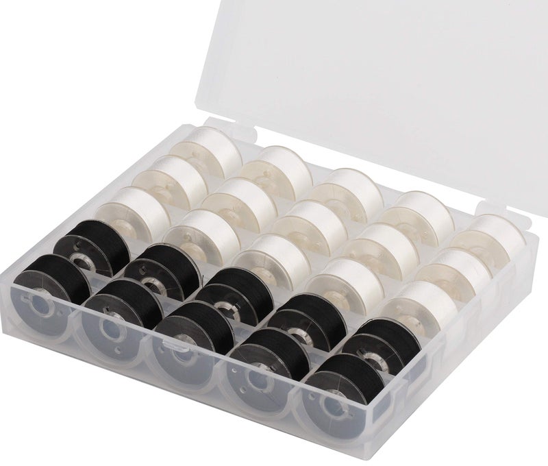 Simthread 25pcs 15White+10Black Prewound Bobbin Thread Size A Class 15 (SA156) 60WT with Clear Storage Plastic Case Box 70D/2 Compatible with Brother Embroidery Thread Sewing Thread Machine DIY - Image 1